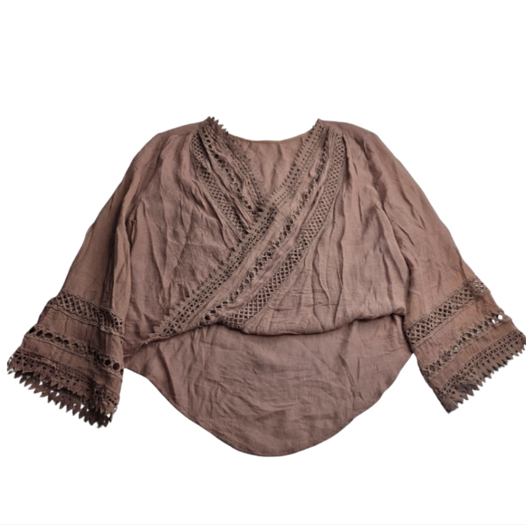 Saved By The Dress L Dusty Mauve Crochet Wrap Top Lace Trim Bohemian Co-1891 — image 7 of 8